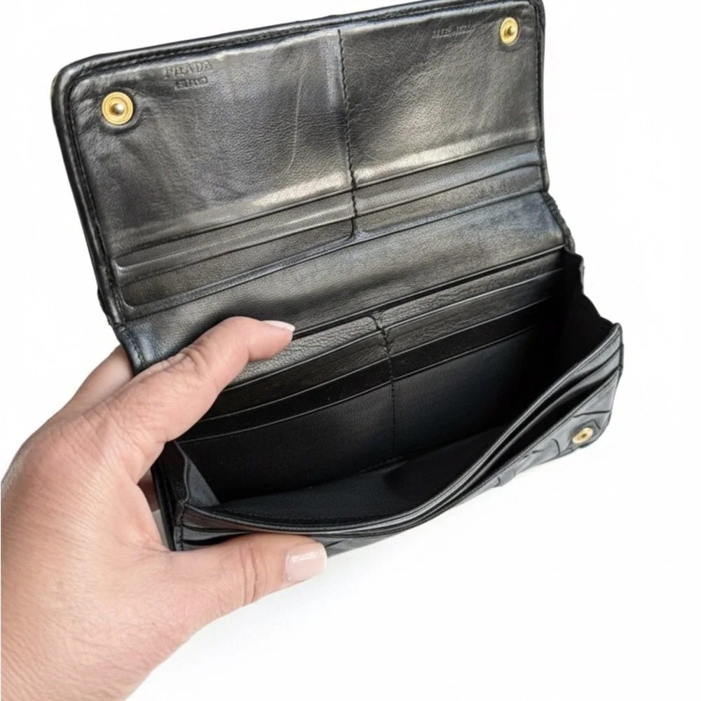 Prada Nappa Gaufre Soft Ruched Black Leather Wallet
